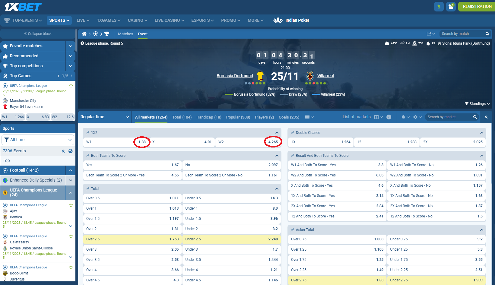 Dortmund VS Villareal koeficientët në 1xbet 25.11.2025