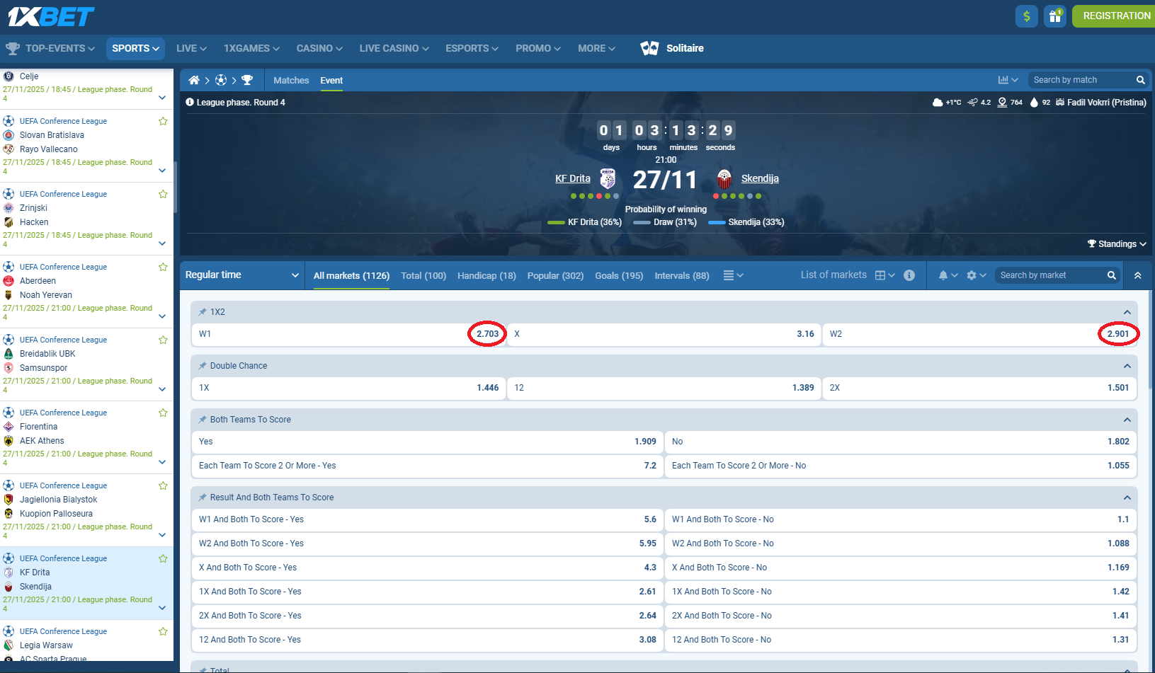 Drita VS Shkëndija koeficientët në 1xbet 27.11.2025