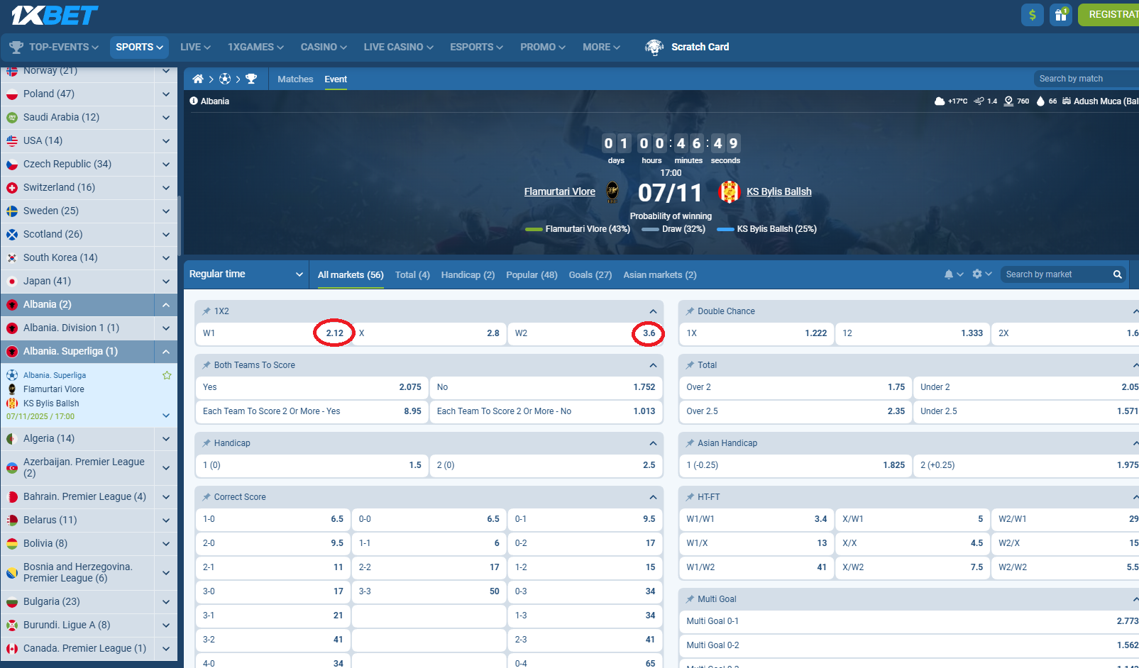 Flamurtari VS Bylis koeficientët në 1xbet 07.11.2025