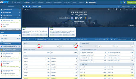 Inter VS Kairat Almaty koeficientët në 1xbet 05.11.2025