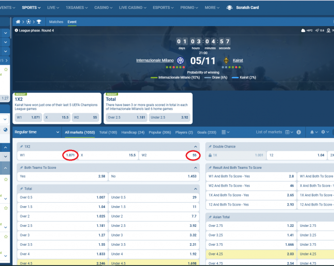 Inter VS Kairat Almaty koeficientët në 1xbet 05.11.2025