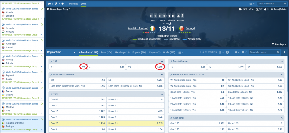Irlanda VS Portugalia koeficientët në 1xbet 13.11.2025
