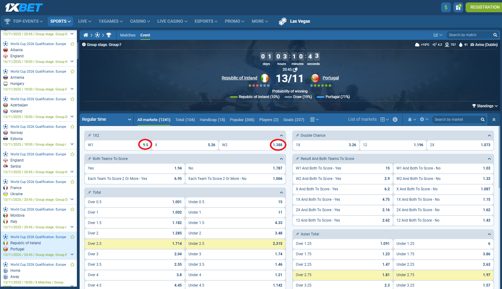 Irlanda VS Portugalia koeficientët në 1xbet 13.11.2025