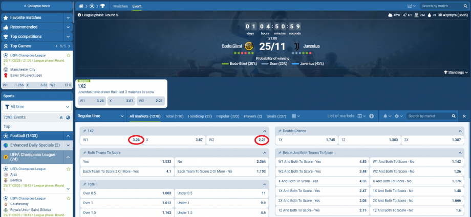 Bodo/Glimt VS Juventus koeficientët në 1xbet 25.11.2025
