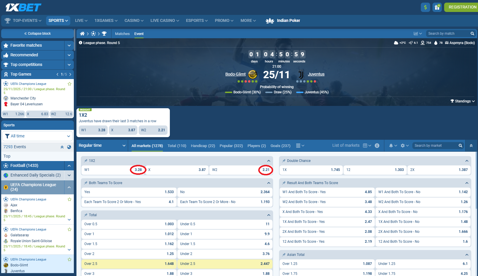 Bodo/Glimt VS Juventus koeficientët në 1xbet 25.11.2025