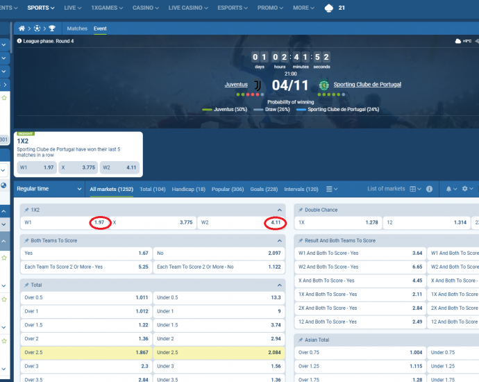 Juventus VS Sporting SP koeficientët në 1xbet 04.11.2025