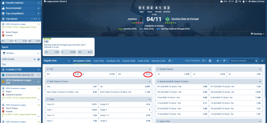 Juventus VS Sporting SP koeficientët në 1xbet 04.11.2025