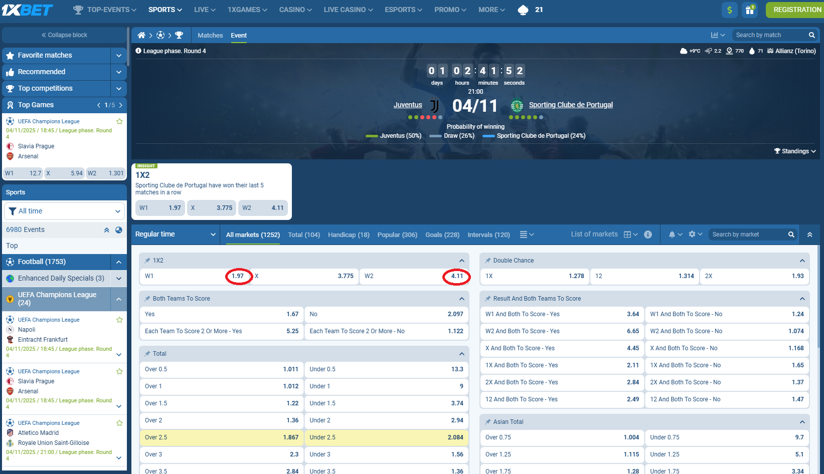 Juventus VS Sporting SP koeficientët në 1xbet 04.11.2025