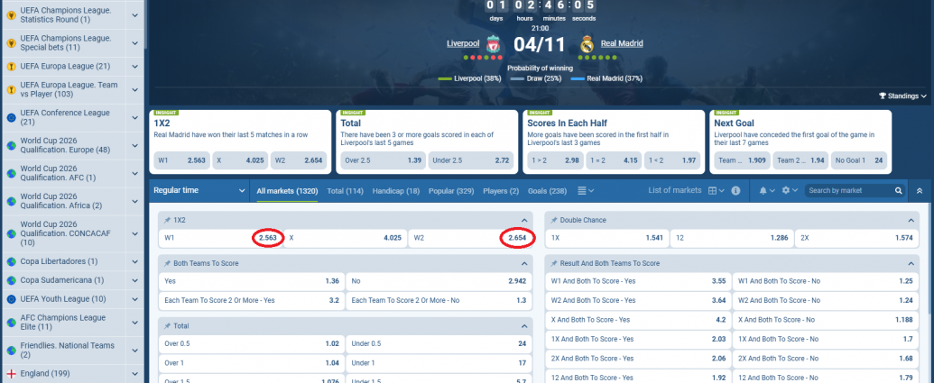 Liverpool VS Real Madrid koeficientët në 1xbet 04.11.2025
