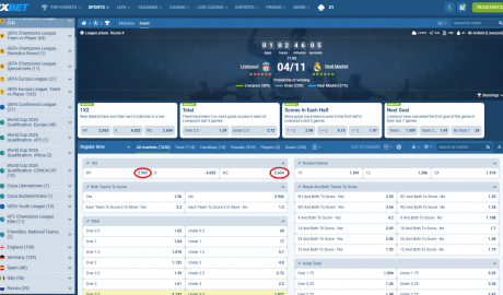 Liverpool VS Real Madrid koeficientët në 1xbet 04.11.2025