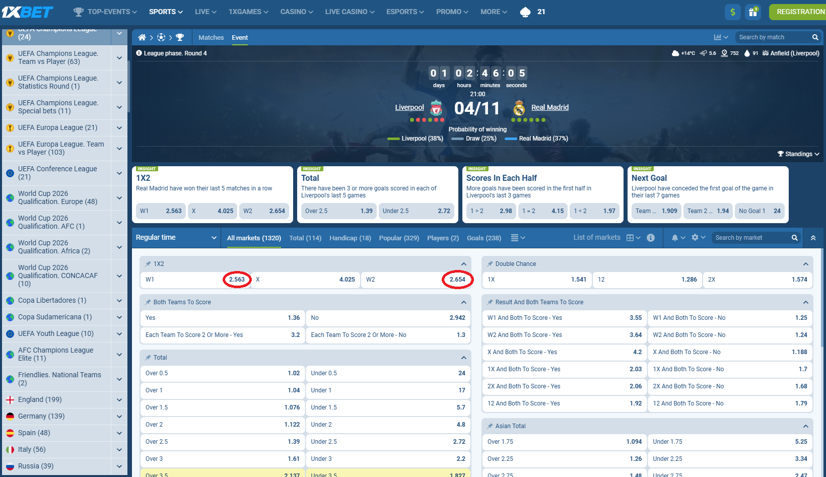 Liverpool VS Real Madrid koeficientët në 1xbet 04.11.2025