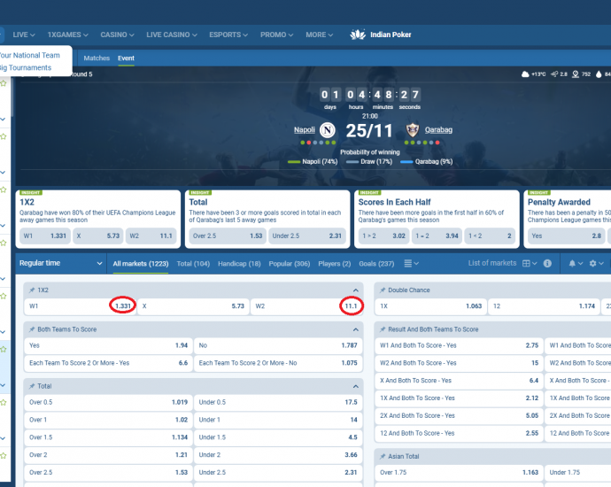 Napoli VS Qarabag koeficientët në 1xbet 25.11.2025