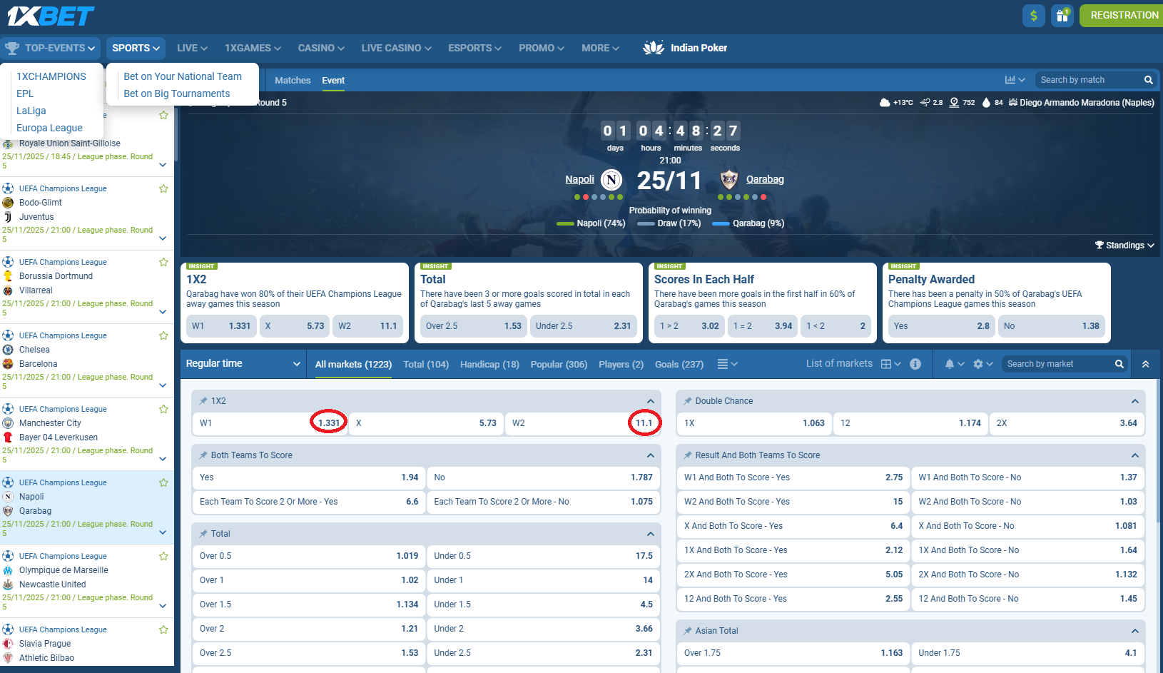 Napoli VS Qarabag koeficientët në 1xbet 25.11.2025