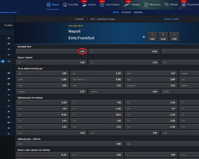 Napoli VS Eintracht Frankfurt koeficientët në Mozzartbet 04.11.2025