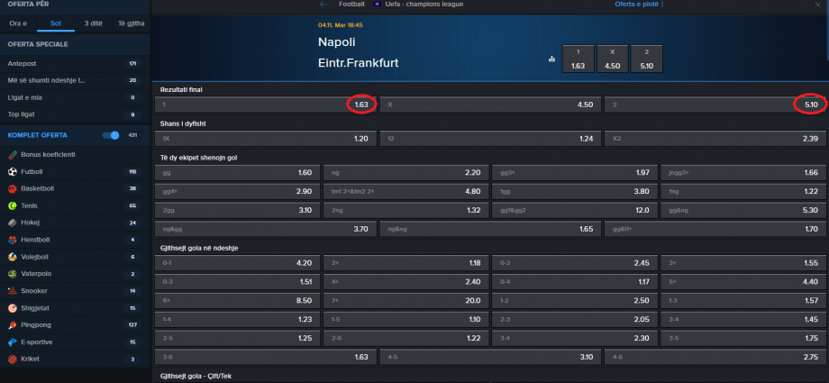 Napoli VS Eintracht Frankfurt koeficientët në Mozzartbet 04.11.2025