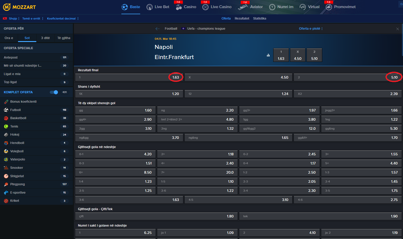 Napoli VS Eintracht Frankfurt koeficientët në Mozzartbet 04.11.2025