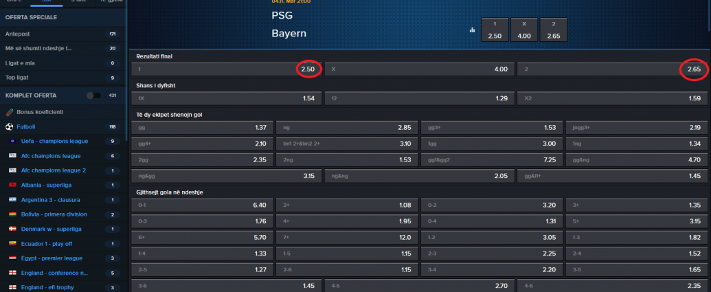 PSG VS Bayern Munich koeficientët në Mozzartbet 04.11.2025