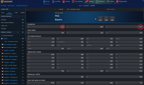 PSG VS Bayern Munich koeficientët në Mozzartbet 04.11.2025