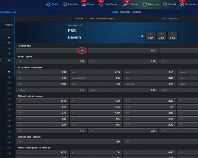 PSG VS Bayern Munich koeficientët në Mozzartbet 04.11.2025