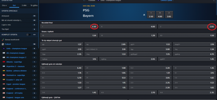 PSG VS Bayern Munich koeficientët në Mozzartbet 04.11.2025