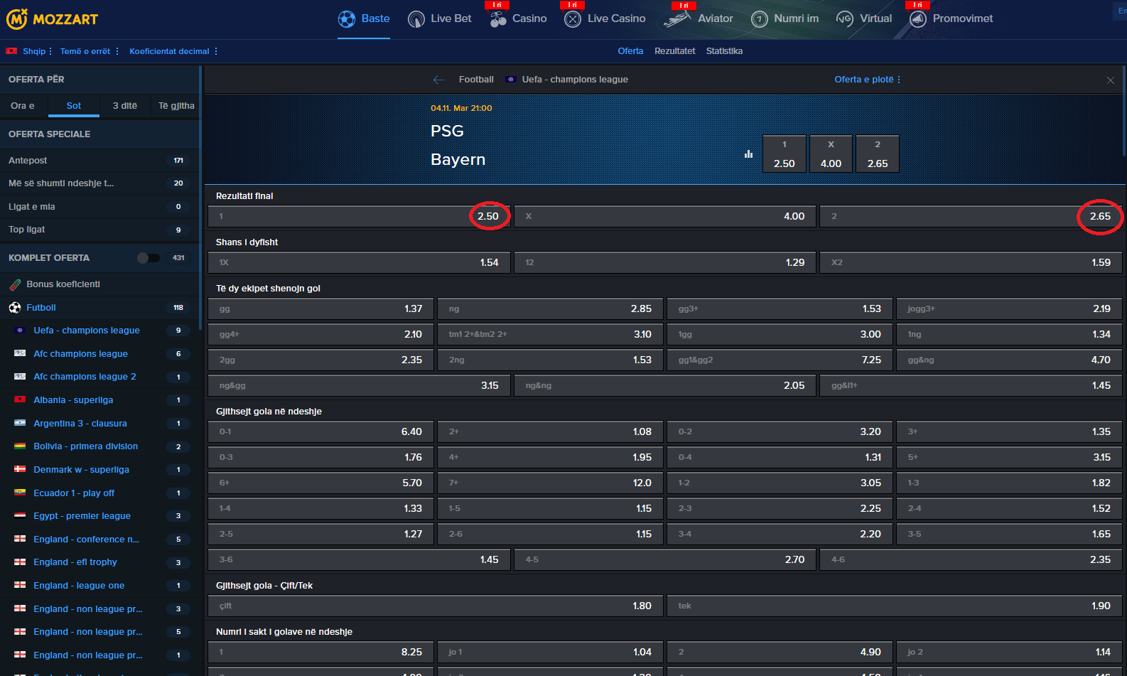 PSG VS Bayern Munich koeficientët në Mozzartbet 04.11.2025