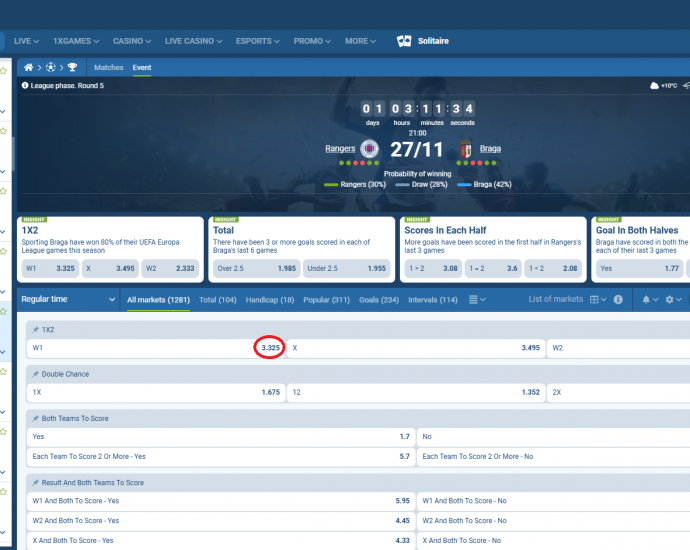 Rangers VS Braga koeficientët në 1xbet 27.11.2025