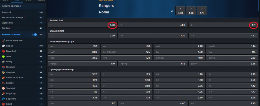 Rangers VS AS Roma koeficientët në Mozzartbet 05.11.2025