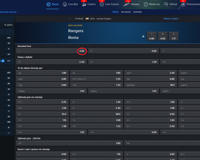 Rangers VS AS Roma koeficientët në Mozzartbet 05.11.2025