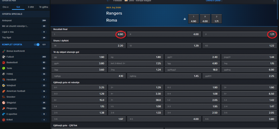 Rangers VS AS Roma koeficientët në Mozzartbet 05.11.2025