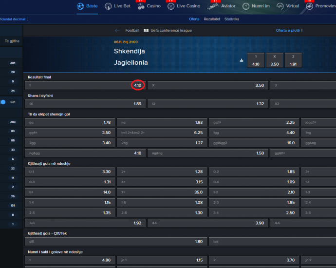 Shkëndija VS Jagiellonia koeficientët në Mozzartbet 06.11.2025