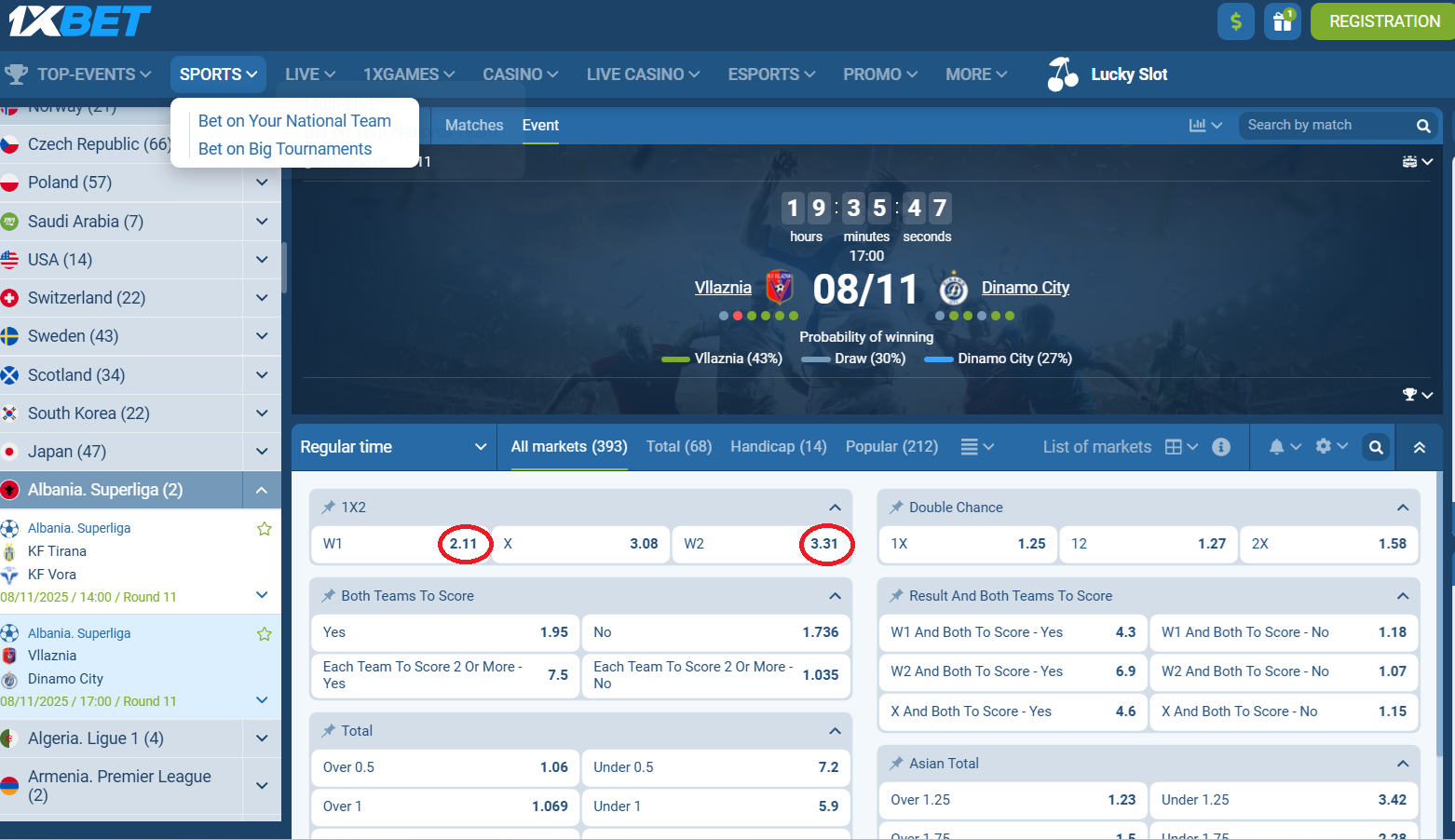 Vllaznia VS Dinamo koeficientët në 1xbet 08.11.2025