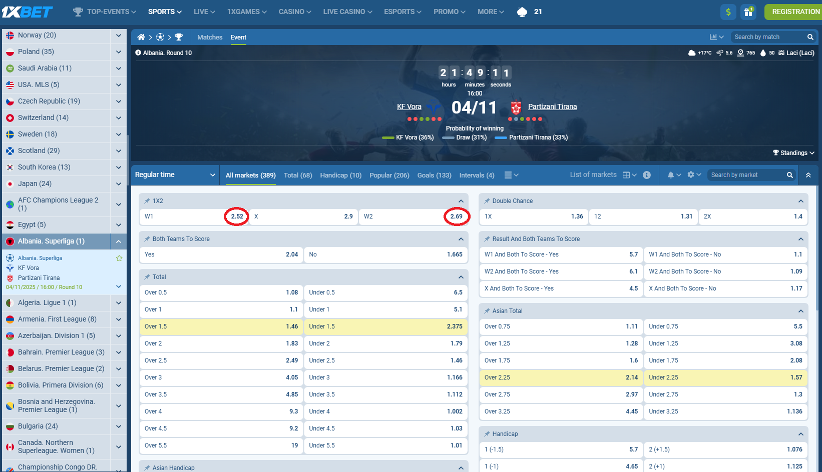 Vora VS Partizani koeficientët në 1xbet 04.11.2025