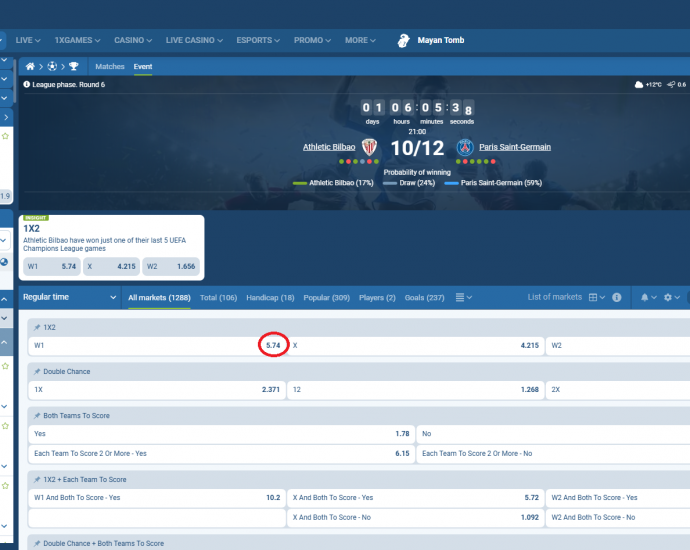 Athletic Bilbao VS PSG koeficientët në 1xbet 10.12.2025