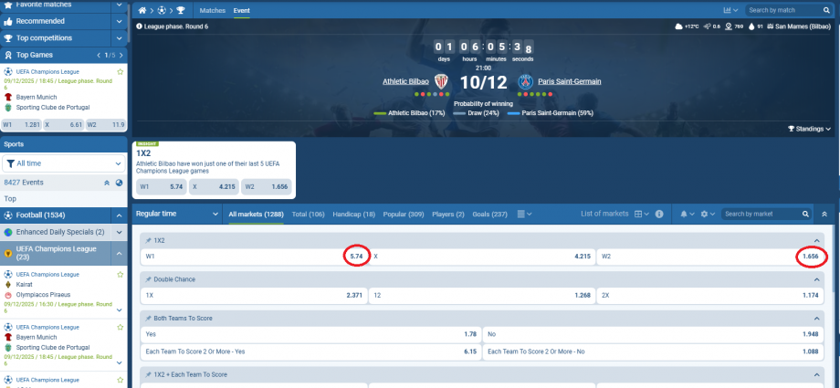 Athletic Bilbao VS PSG koeficientët në 1xbet 10.12.2025