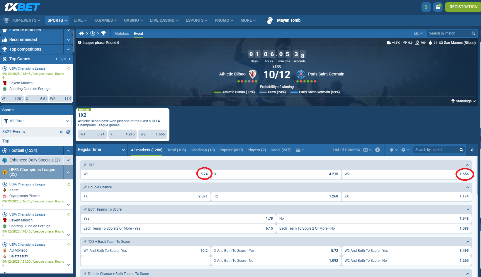 Athletic Bilbao VS PSG koeficientët në 1xbet 10.12.2025