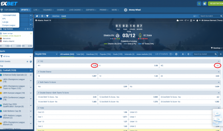 Dinamo Tirana VS KF Tirana koeficientët në 1xbet 03.12.2025