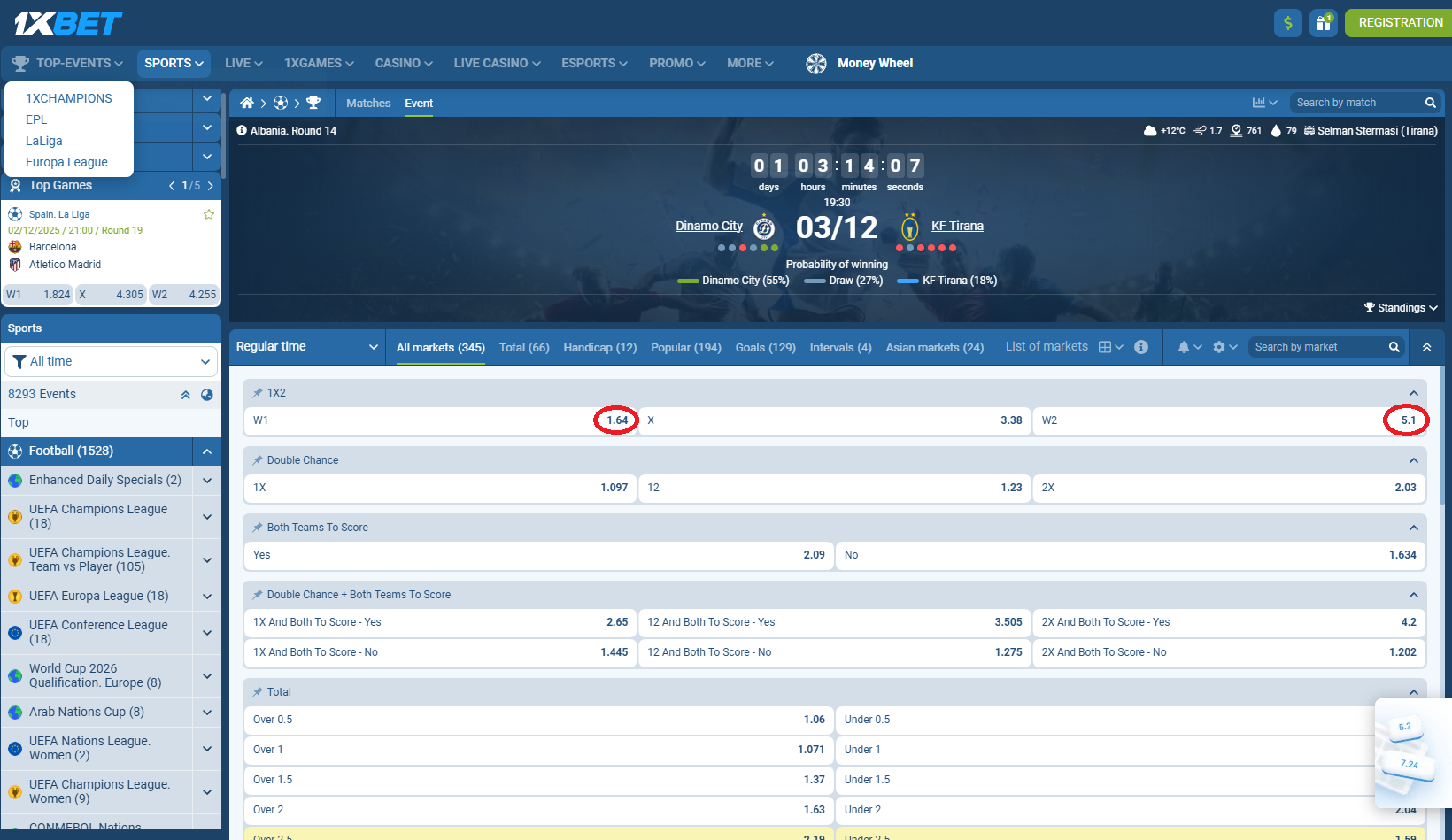 Dinamo Tirana VS KF Tirana koeficientët në 1xbet 03.12.2025