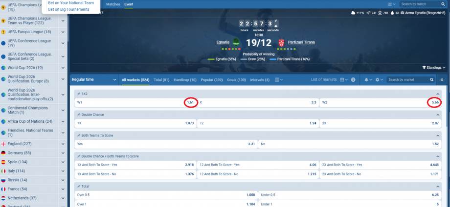 Egnatia VS Partizani koeficientët në 1xbet 19.12.2025