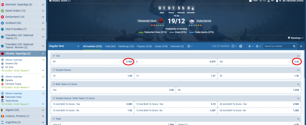 Flamurtari VS Teuta koeficientët në1xbet 19.12.2025