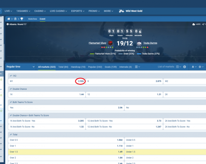 Flamurtari VS Teuta koeficientët në1xbet 19.12.2025