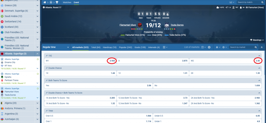 Flamurtari VS Teuta koeficientët në1xbet 19.12.2025