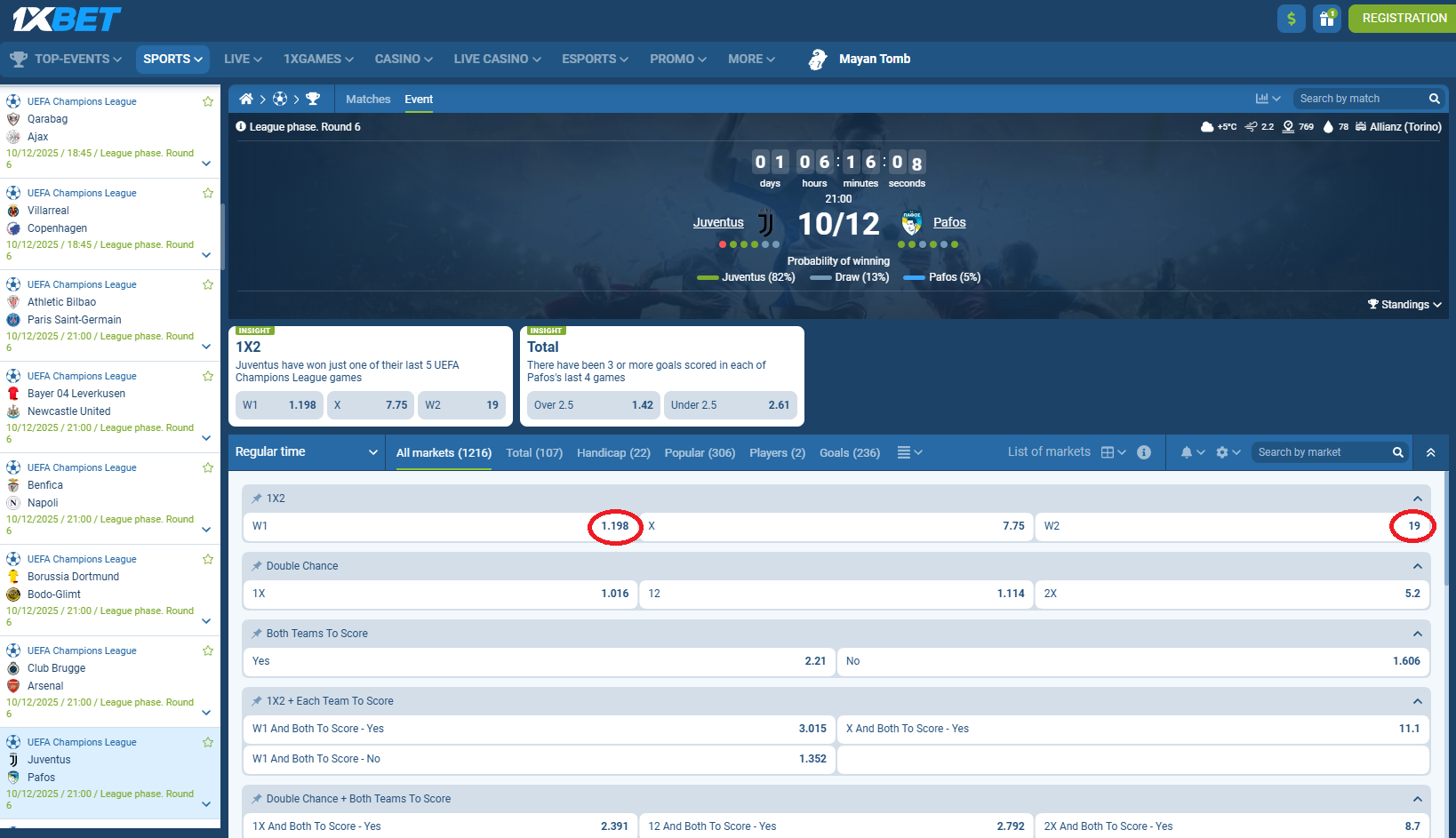 Juventus VS Pafos koeficientët në 1xbet 10.12.2025