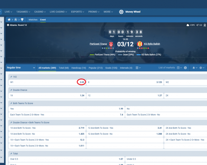 Partizani VS Bylis koeficientët në 1xbet 03.12.2025