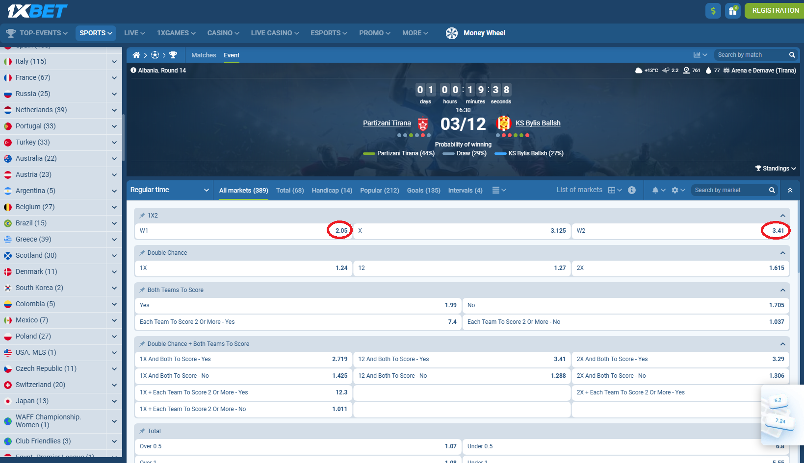 Partizani VS Bylis koeficientët në 1xbet 03.12.2025