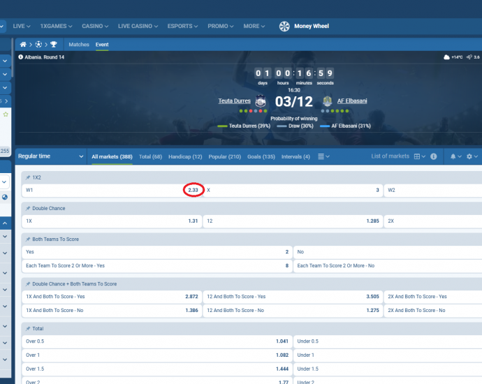 Teuta VS AF Elbasani koeficientët në 1xbet 03.12.2025