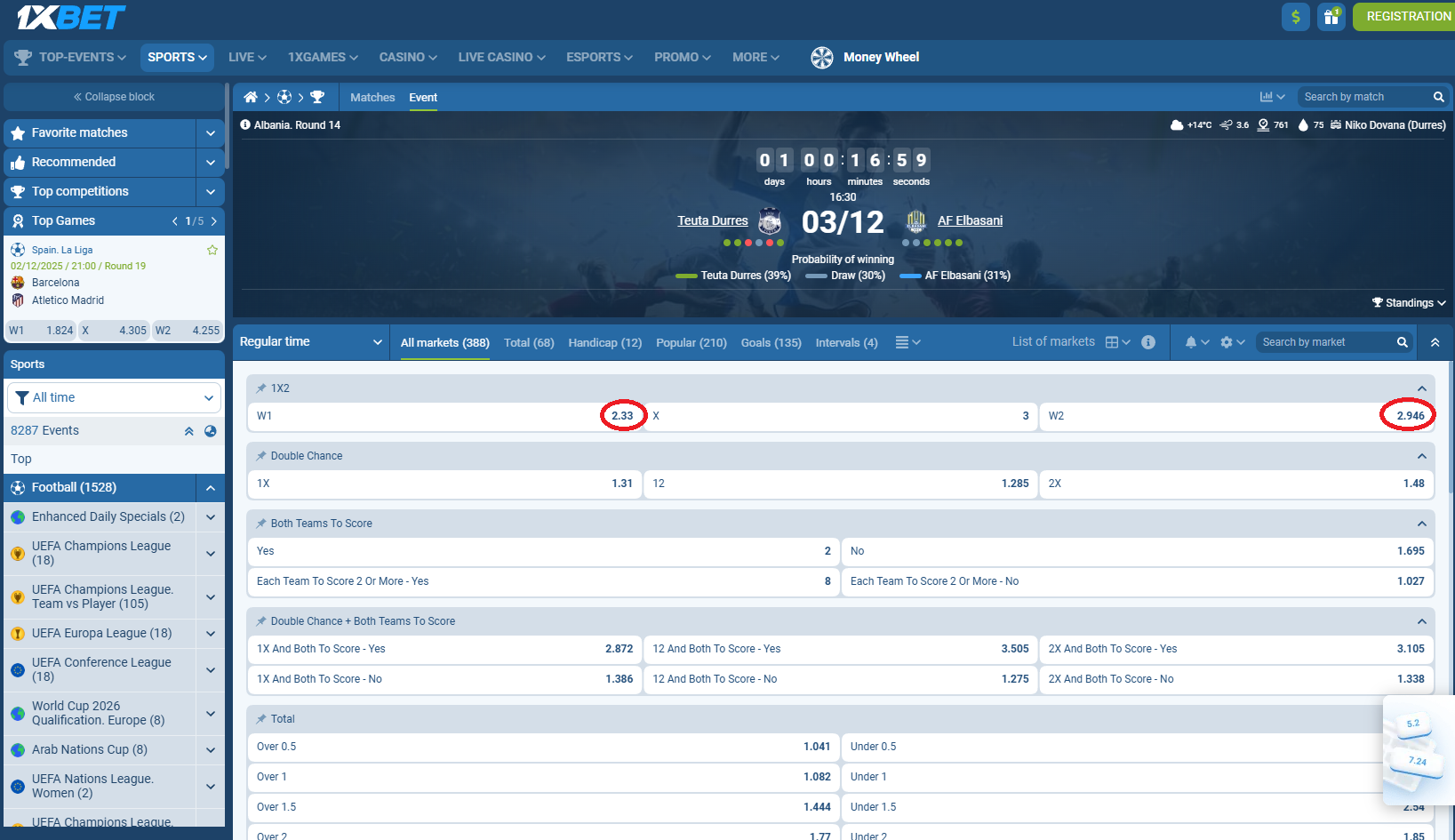 Teuta VS AF Elbasani koeficientët në 1xbet 03.12.2025