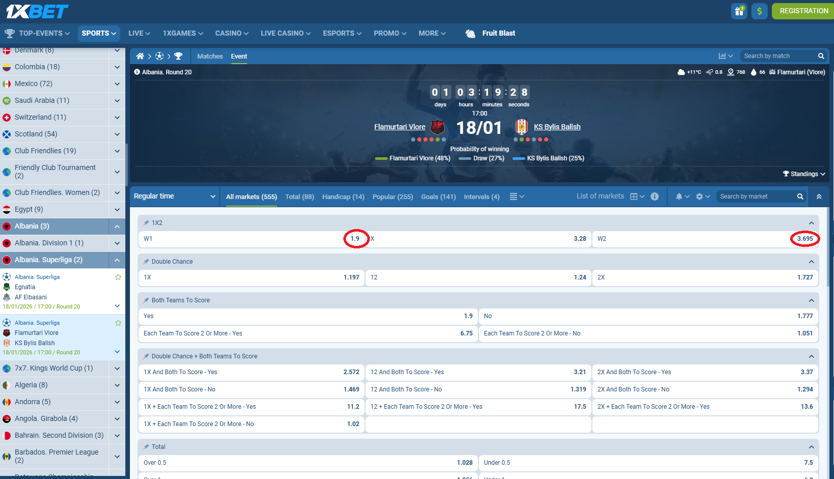 Flamurtari VS Bylis koeficientët në 1xbet 18.01.2026