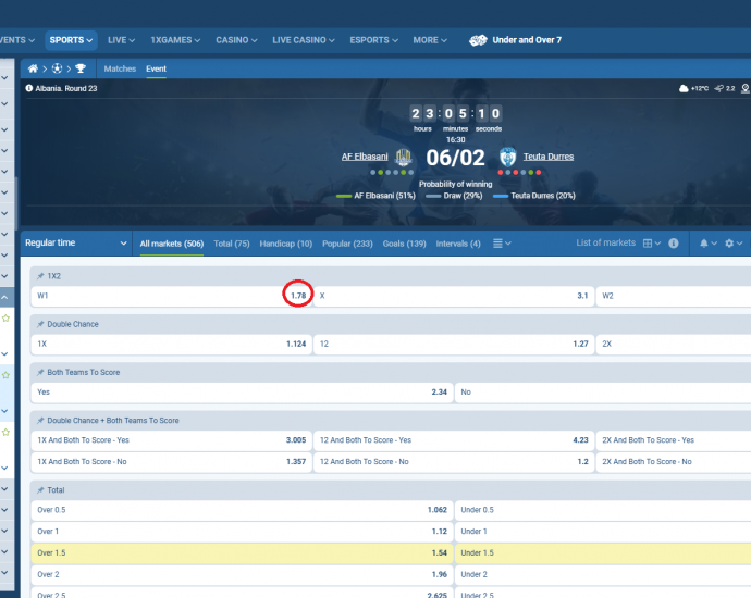 AF Elbasani VS Teuta koeficientët në 1xbet 06.02.2025