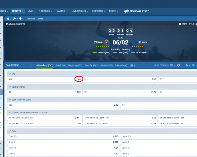 Vllaznia VS Vora koeficientët në 1xbet 06.02.2026